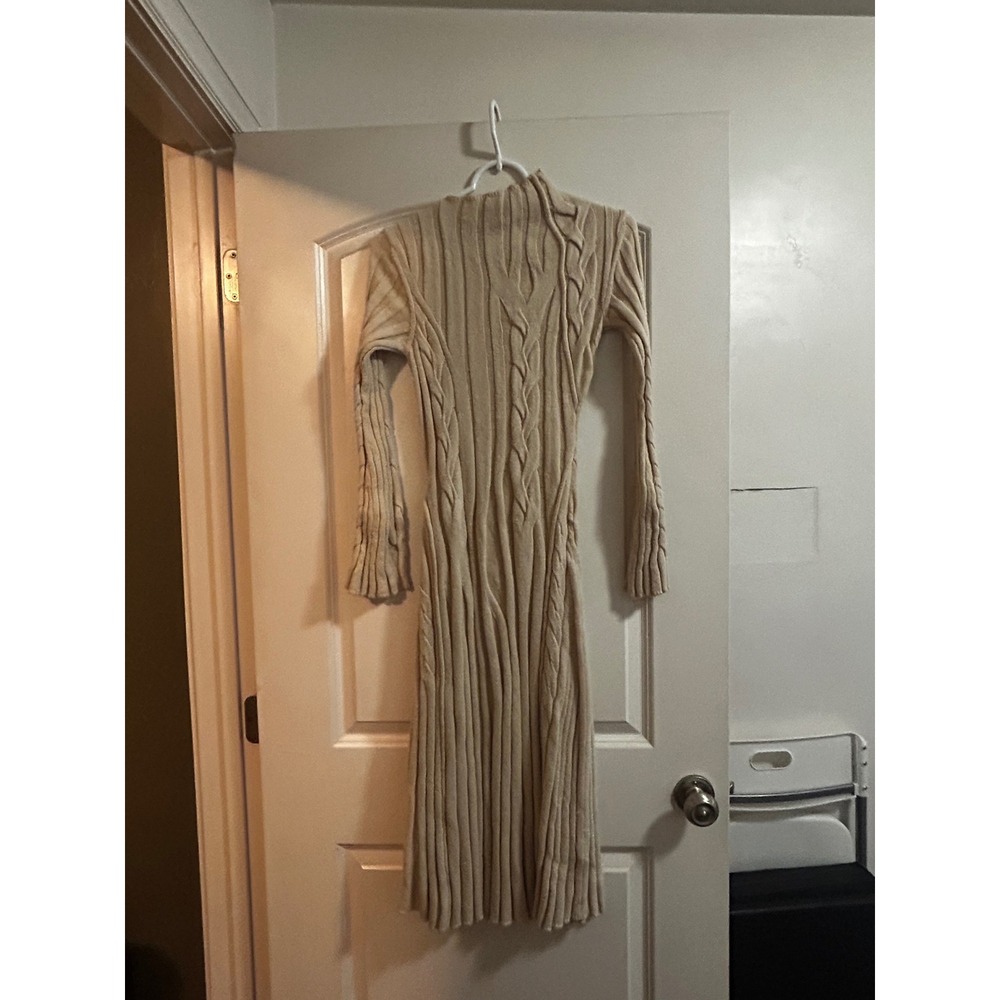 Proenza Schouler Beige Wool Alpaca Cable Knit Mock Neck Midi Sweater Dress XS